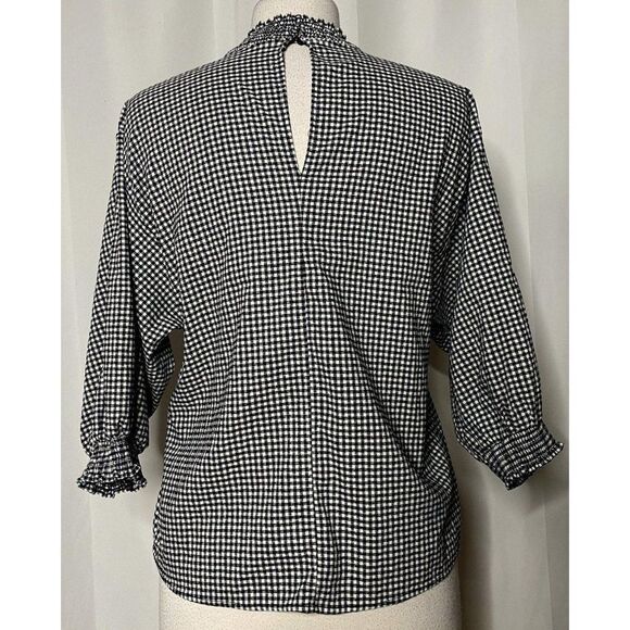 Zara Basic Black & White Gingham Check Pullover Top Sz S Smocked Detail - Picture 3 of 4